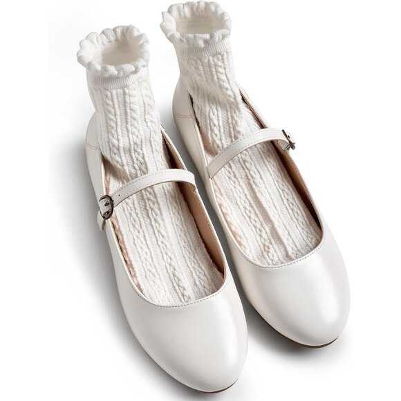 Trary Women New White Leather Round Toe Ankle Strap Ballet Flats Shoes - Picture 3 of 8